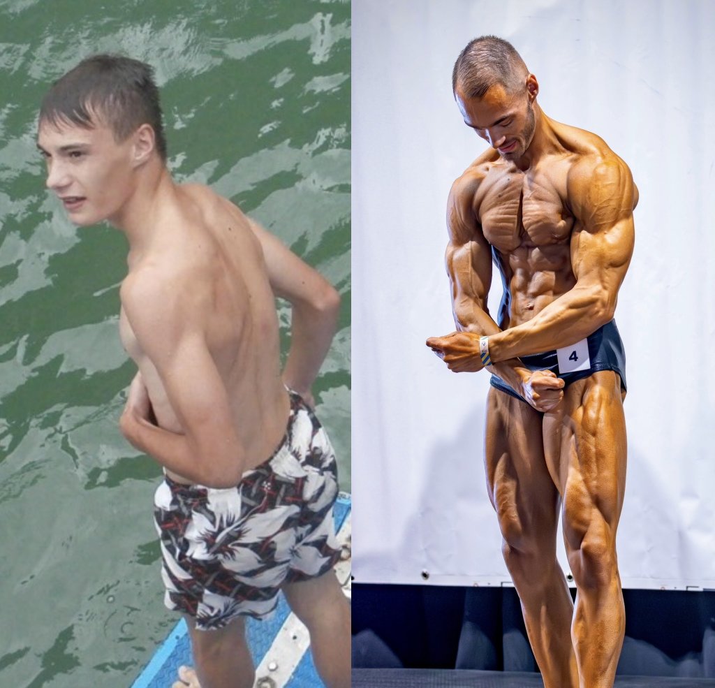 Transformation physique avant/après de Roméo Hoffmann, gérant de RCOACHING, expert en transformation physique et champion bodybuilding naturel
