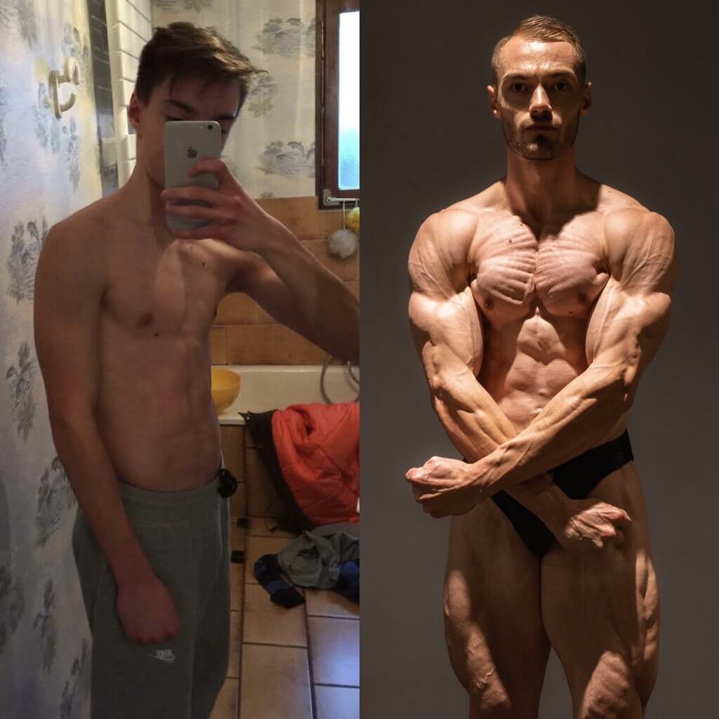 Transformation physique avant/après de Roméo Hoffmann, gérant de RCOACHING, expert en transformation physique et champion bodybuilding naturel